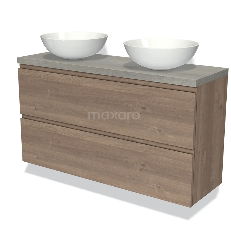 Modulo Plato Slim Vanity units for countertop basin | 120 cm Mid brown oak Handle-less front Grey oak worktop 2 Stacked drawers BMK37-02434