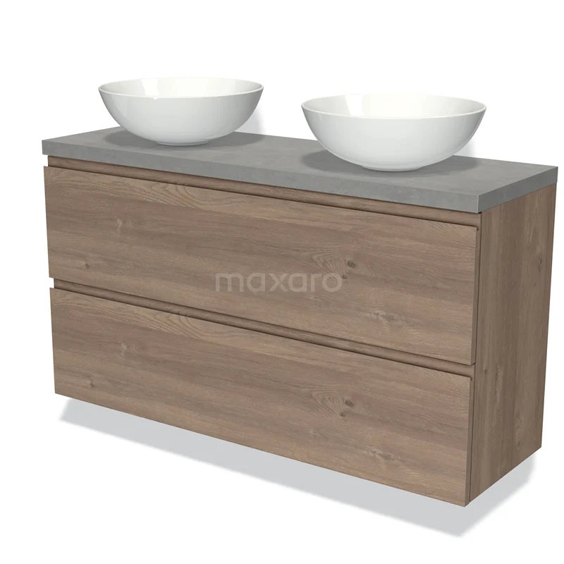 Modulo Plato Slim Vanity units for countertop basin | 120 cm Mid brown oak Handle-less front Light grey concrete worktop 2 Stacked drawers BMK37-02435