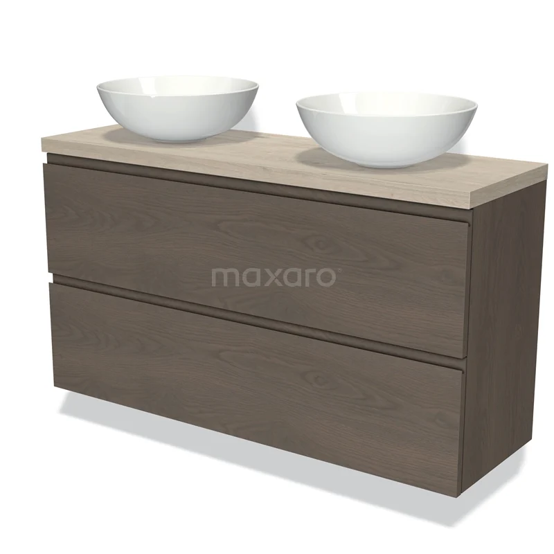 Modulo Plato Slim Vanity units for countertop basin | 120 cm Dark brown oak Handle-less front Light grey oak worktop 2 Stacked drawers BMK37-02444
