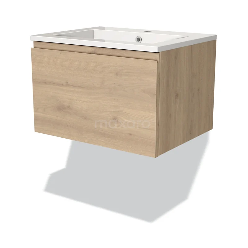 Wooden bathroom base cabinet with drawers and integrated white basin, modern design, ideal for compact bathrooms.