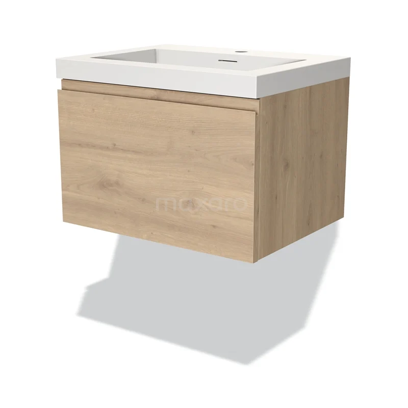 Wooden floating bathroom unit with white ceramic basin, compact design, perfect for a modern bathroom style.