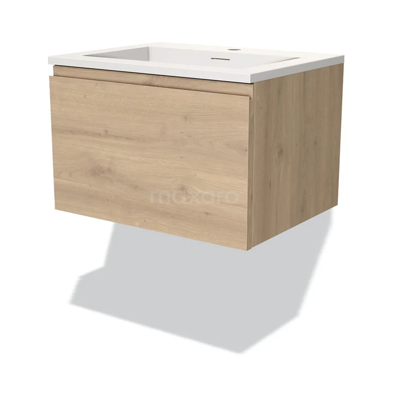 Wood-coloured bathroom unit, hanging model, with integrated basin; stylish and compact for modern bathrooms.