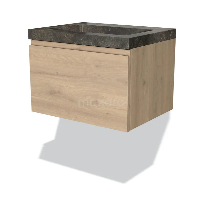 Badmöbel 60cm Modulo Hellbraune Eiche 1 Schubladen Griffloses Waschbecken Naturstein Blau BMW11-03334 Hängendes Badmöbel, Holzoptik mit schwarzem Natursteine Waschbecken, modernes Design, perfekt für minimalistische Bäder.