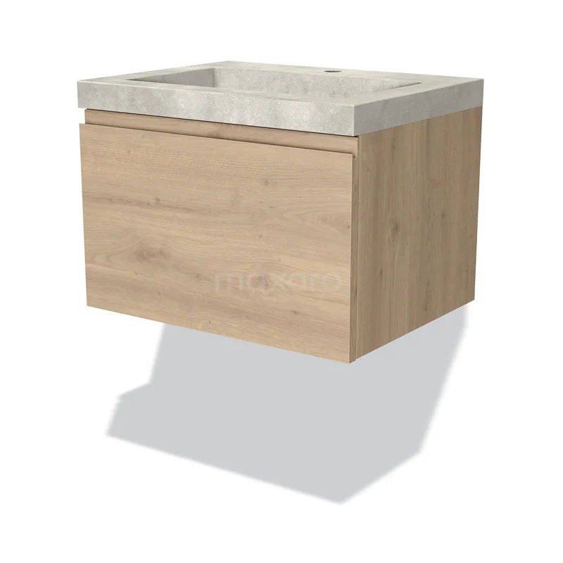 Badmöbel 60cm Modulo Hellbraune Eiche 1 Schublade Griffloses Waschbecken Beton Greige BMW11-03338 Holz-Badmöbel mit Betonlook Waschbecken, schwebendes Design, kompaktes Format, ideal für moderne Badezimmergestaltung.