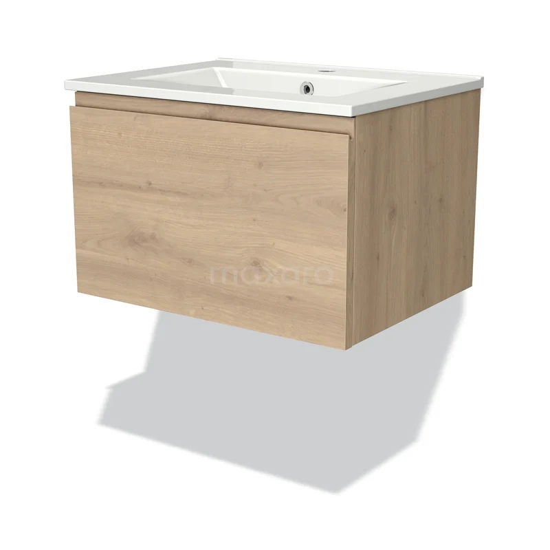 Badmöbel 60cm Modulo Hellbraune Eiche 1 Schublade griffloses Waschbecken Keramik BMW11-03340 Wandhängendes Badezimmermöbel Holzoptik mit weißem Waschbecken, modernes Design und Softclose-Schublade, ideal für kompakte Bäder.