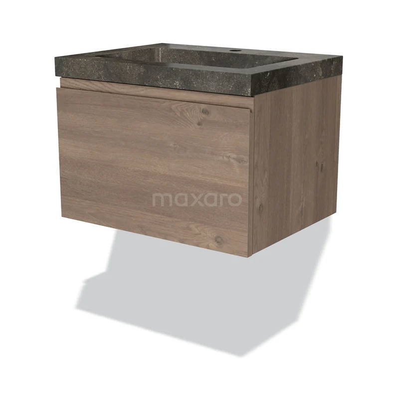 Badmöbel 60cm Modulo mittelbraune Eiche 1 Schublade griffloses Waschbecken Naturstein blau BMW11-03349 Holz-Waschtischmöbel mit hängendem Design, Betonlook-Waschbecken und modernem Stil, perfekt für ein stilvolles Badezimmer.