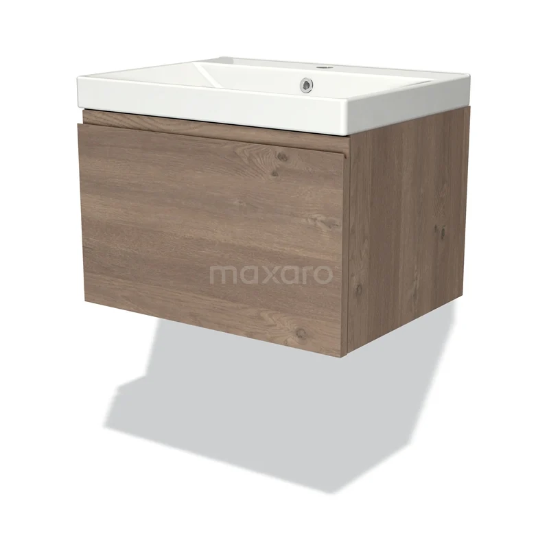Badmöbel 60cm Modulo mittelbraune Eiche 1 Schublade griffloses Waschbecken Keramik BMW11-03354 Holz Badmöbel mit Waschbecken, modernes Design, Eichelook, ideal für kompakte Bäder.
