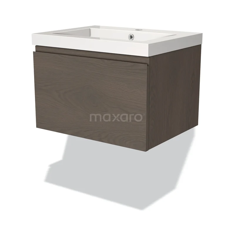 Badmöbel 60cm Modulo dunkelbraune Eiche 1 Schublade griffloses Waschbecken Mineralguss BMW11-03360 Holz Badschrank mit weißem Waschbecken, moderne Wandmontage, dunkle Eiche Oberflächen aus luxuriöser Badmöbel Serie.
