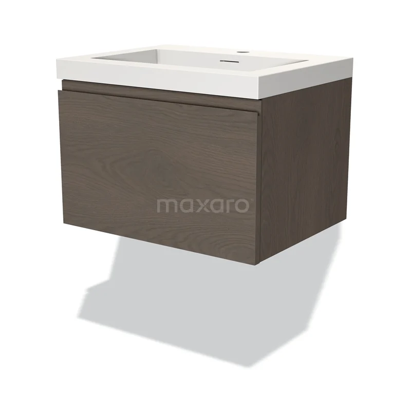 Badmöbel 60cm Modulo dunkelbraune Eiche 1 Schublade griffloses Waschbecken Solid Surface BMW11-03362 Holz-Badmöbel mit weißem Waschbecken, modernes Design, Wandmontage, ideal als kompaktes Aufbewahrungssystem im Badezimmer.