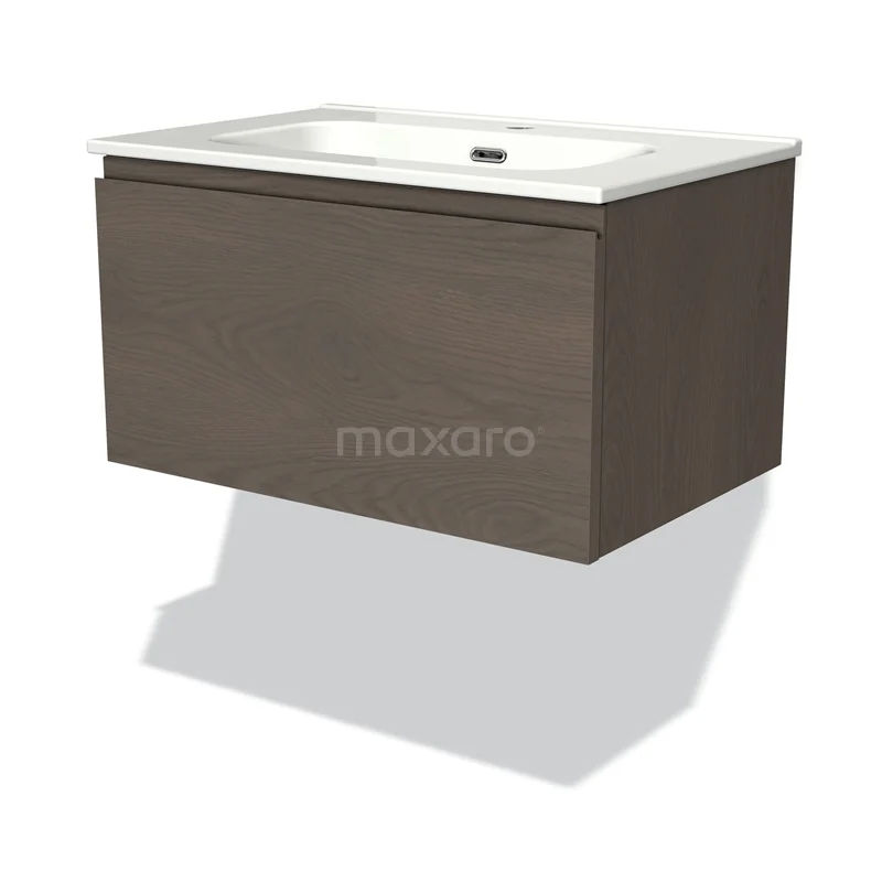 Badmöbel 70cm Modulo dunkelbraune Eiche 1 Schublade griffloses Waschbecken Keramik BMW11-03388 Holz-Badmöbel mit Waschbecken, dunkelbraun, hängendes Design, sauber verarbeitet, ideal für moderne Bäder.