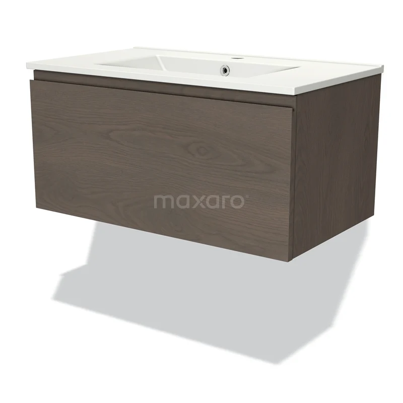 Badmöbel 80cm Modulo dunkelbraune Eiche 1 Schublade griffloses Waschbecken Keramik BMW11-03434 Holz-Waschtisch mit Schublade, Walnussfarbe, wandhängendes Design und integriertes Waschbecken für moderne Bäder.