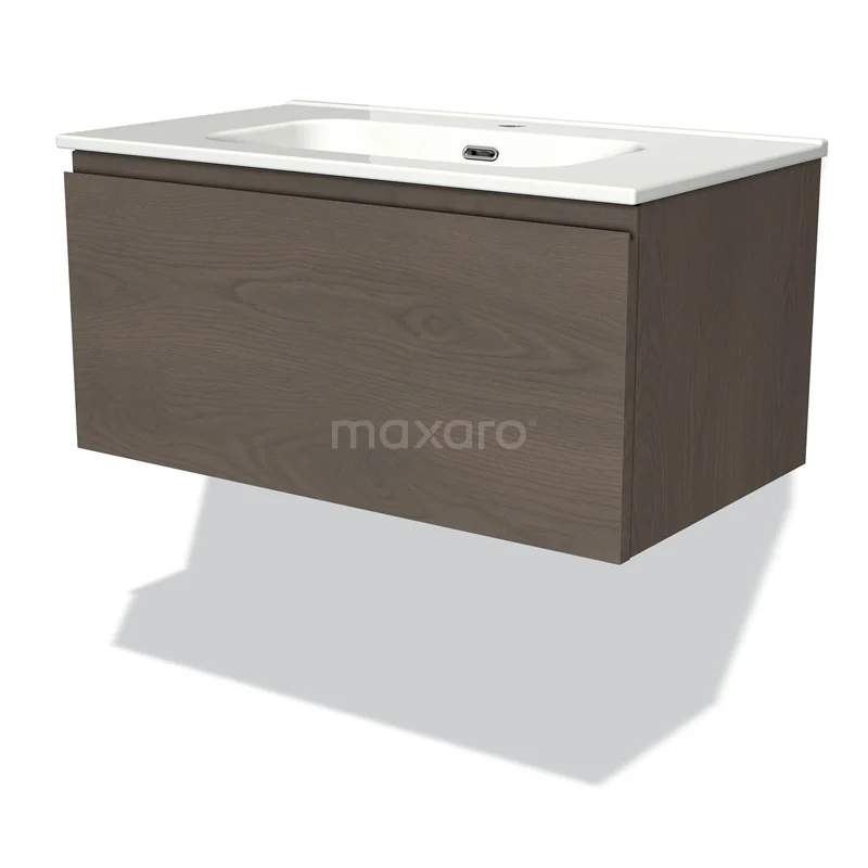 Modulo Waschtische | 80 cm Dunkelbraune Eiche Grifflos front Keramik 1 Schublade BMW11-03436 Hängendes Badmöbel mit Waschbecken, Holzlook-Furnier in Dunkelbraun, modernes Design und geräumiger Schublade.