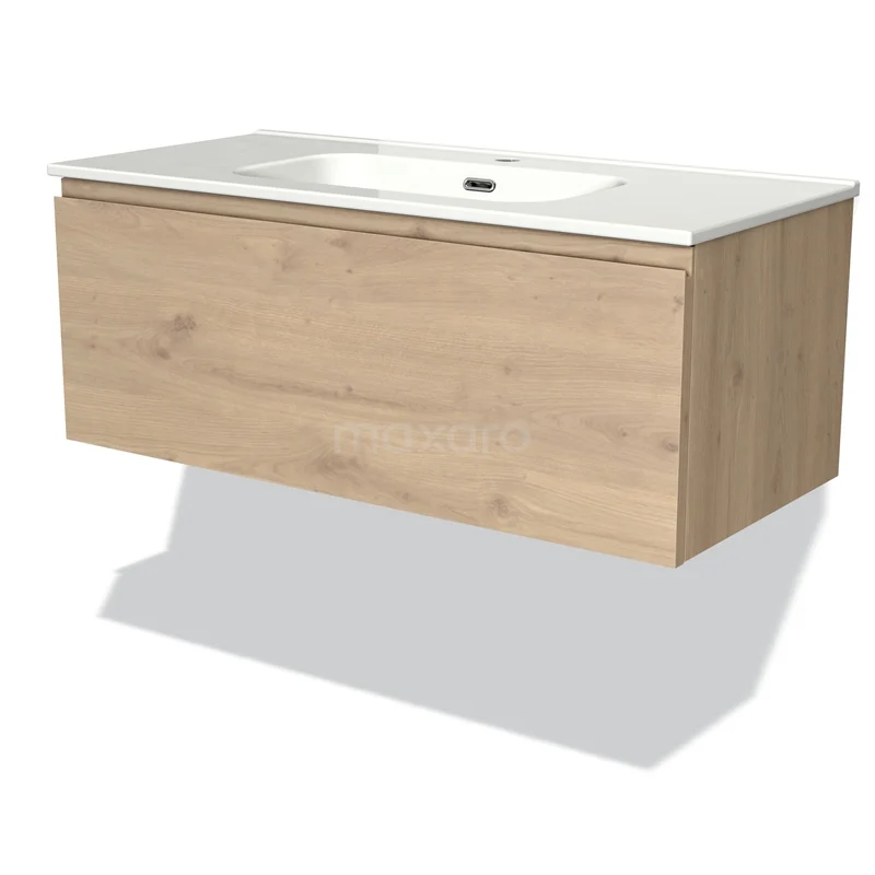 Badmöbel 100cm Modulo Hellbraune Eiche 1 Schublade griffloses Waschbecken Keramik BMW11-03477 Holz Badezimmermöbel mit Eiche-Look, schwebendes Design und integriertes Waschbecken, ideal für stilvolle Badezimmergestaltung.