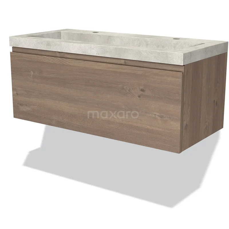 Wooden bathroom unit with drawers, wall-mounted, light oak look and concrete basin, modern design.