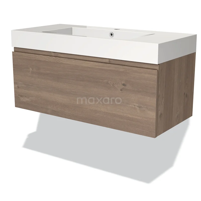 Modulo Vanity units with basin | 100 cm Mid brown oak Handle-less front Mineral marble 1 drawer BMW11-03496
