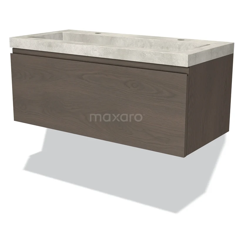 Badmöbel 100cm Modulo dunkelbraune Eiche 1 Schublade griffloses Waschbecken Beton Greige BMW11-03512 Wandhängender Badschrank mit Holzoptik und integriertem Waschbecken, modernes Design, ideal für ein stilvolles Badezimmer.