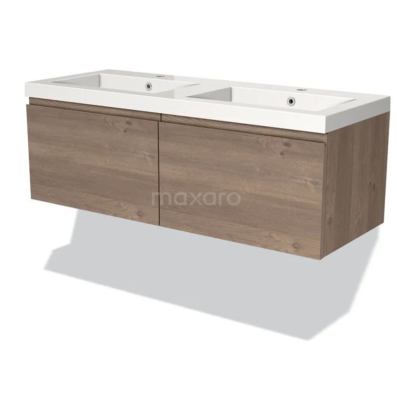 Houten badkamermeubel met dubbele wastafel, moderne wandmontage, eikenlook, ideaal voor strakke badkamerinrichting.