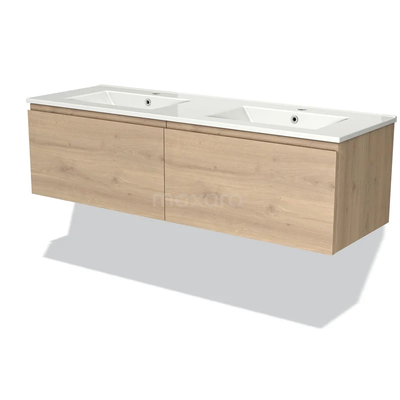 Houten badkamermeubel met dubbele wastafel, licht eiken afwerking, modern design, perfect voor een stijlvolle badkamer.