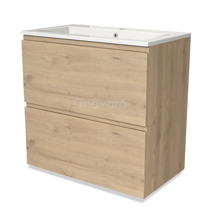 Wooden bathroom unit with 2 drawers, light oak finish, including integrated white vanity units with basin. Modern and functional design.