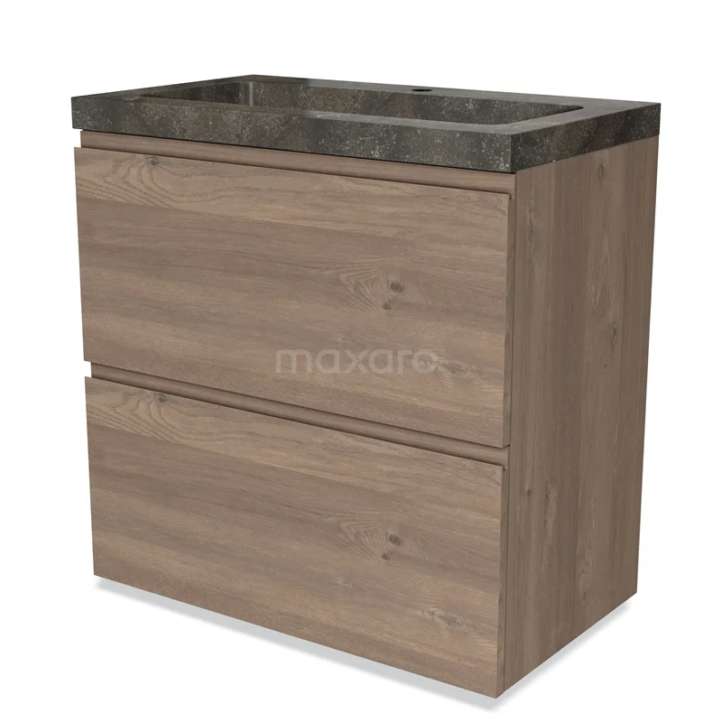 Badmöbel 80cm Modulo Mittelbraune Eiche 2 hohe Schubladen Griffloses Waschbecken Naturstein Blau BMW13-01175 Holz Badezimmermöbel mit zwei Schubladen, dunkelgrauem Waschbecken und modernem Design, perfekt für eine stilvolle Badezimmer Einrichtung.