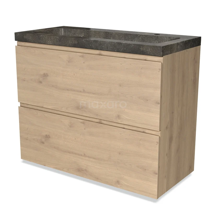 Houten badkamermeubel met twee lades, natuur eiken afwerking en donkergrijze stenen wastafel, modern en strak design.