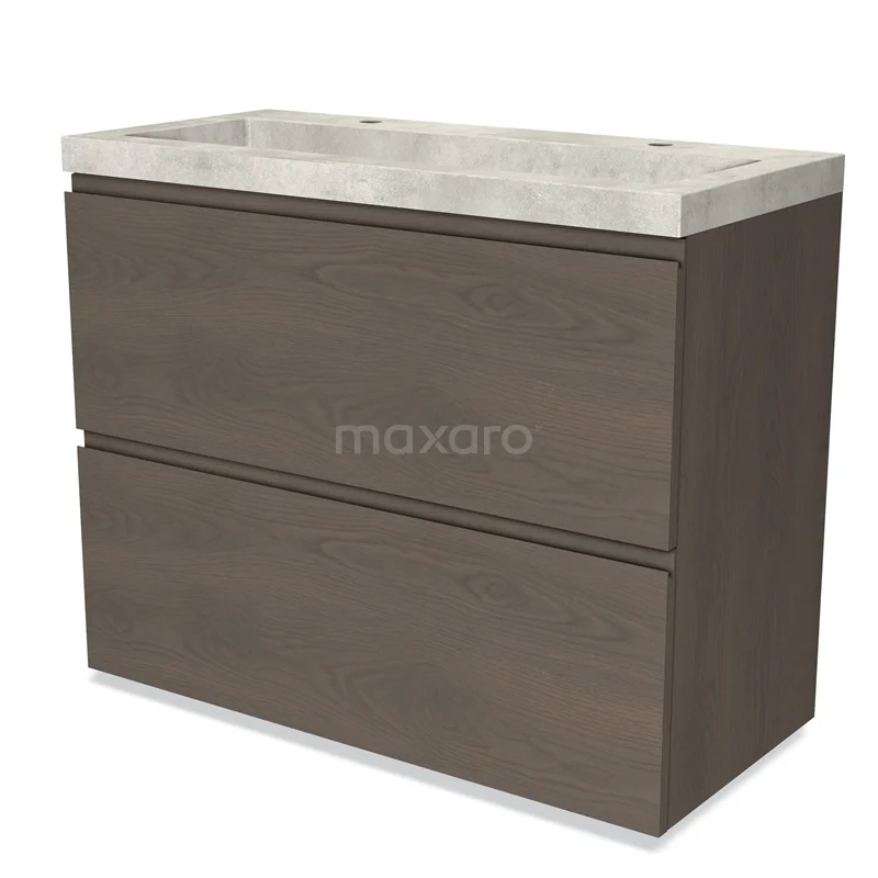 Modulo Vanity units with basin | 100 cm Dark brown oak Handle-less front Concrete 2 stacked drawers under each other BMW13-01255