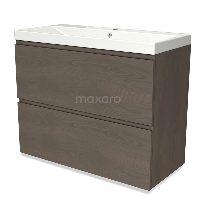 Modulo Vanity units with basin | 100 cm Dark brown oak Handle-less front Ceramic 2 stacked drawers under each other BMW13-01256
