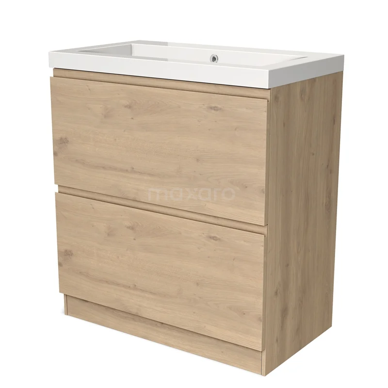 Wooden bathroom unit with two drawers and white vanity units with basin, modern design in light Oak for stylish bathroom storage.