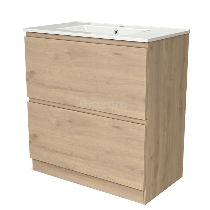 Houten badkamermeubel met twee lades, lichte eiken look en witte wastafel, ideaal voor stijlvolle badkameropslag.