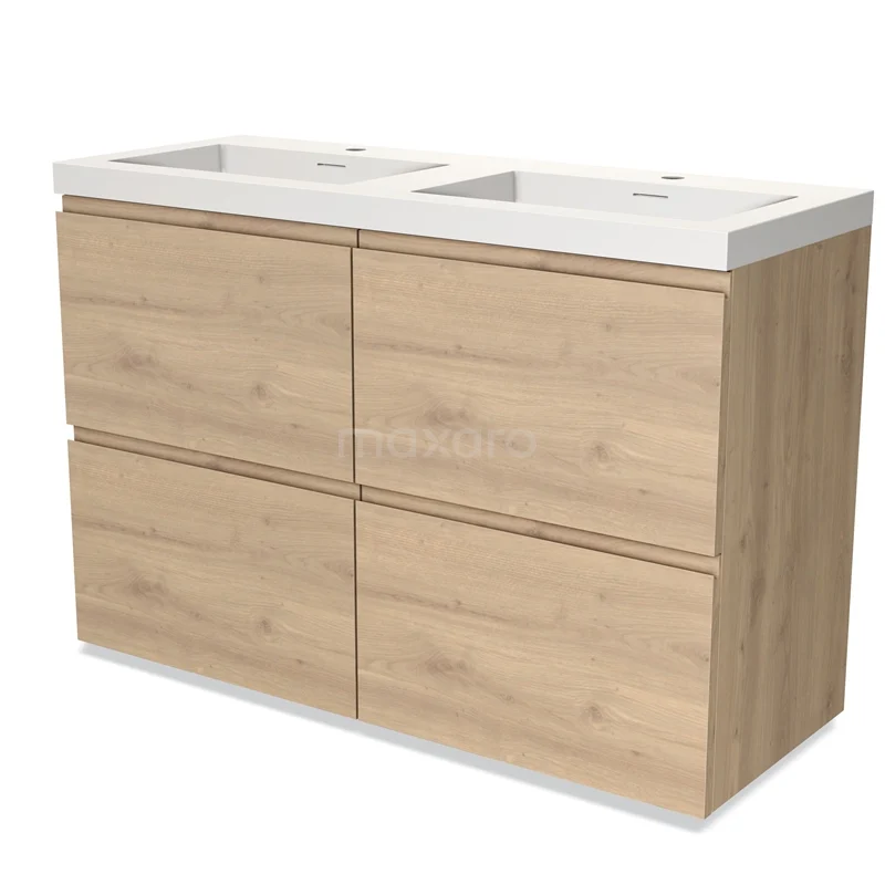 Badmöbel 120cm Modulo Hellbraune Eiche 4 hohe Schubladen Griffloses Waschbecken Solid Surface BMW14-00485 Doppelwaschbeckenunterschrank aus hellem Eichenholz mit vier Schubladen, ideal für ein modernes Badezimmer.