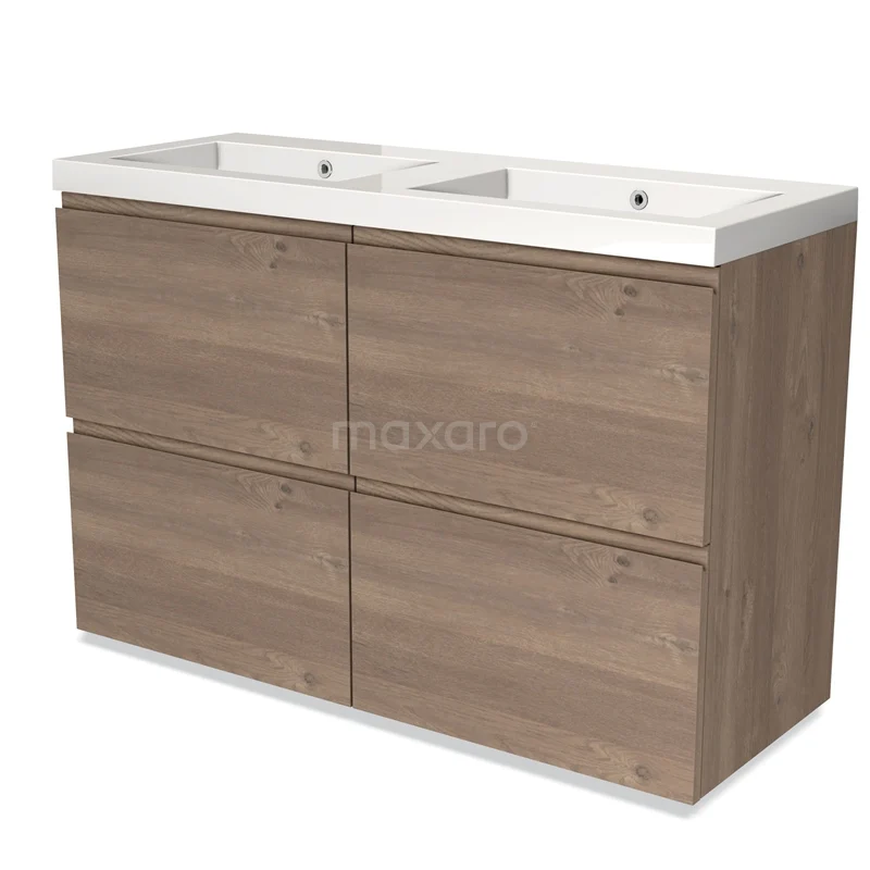Dubbele wastafel met houtlook kast, vier lades en witte keramische wasbakken; elegant badkamermeubel voor moderne badkamers.