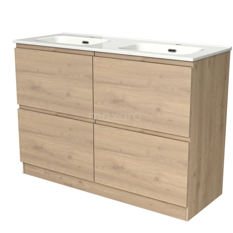 Houten badkamermeubel met dubbele wastafel, licht eiken kleur, met 4 lades en een strak modern design.