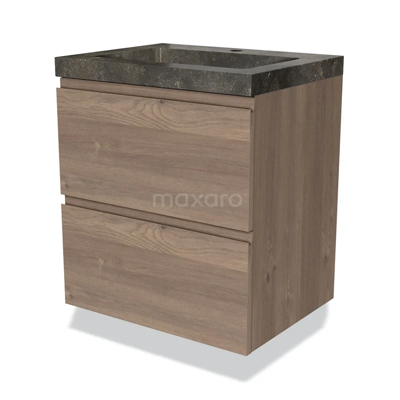 Houten badkamermeubel met twee lades, natuursteen wastafel en modern design, ideaal voor een stijlvolle badkamer.