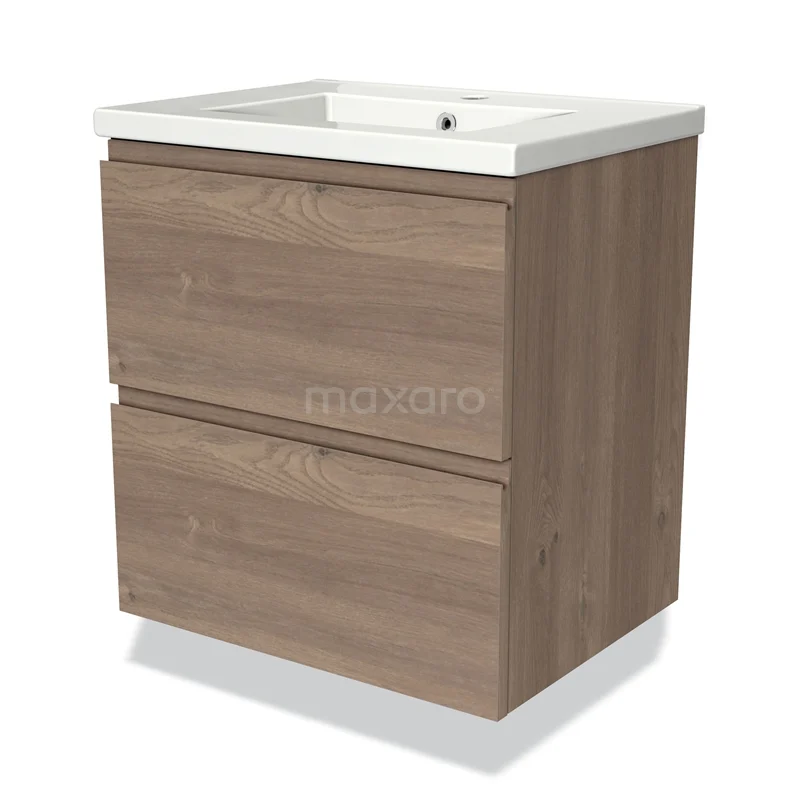 Houten badkamermeubel met twee lades, witte keramische wastafel, modern design, ideaal voor efficiënte badkameropslag.