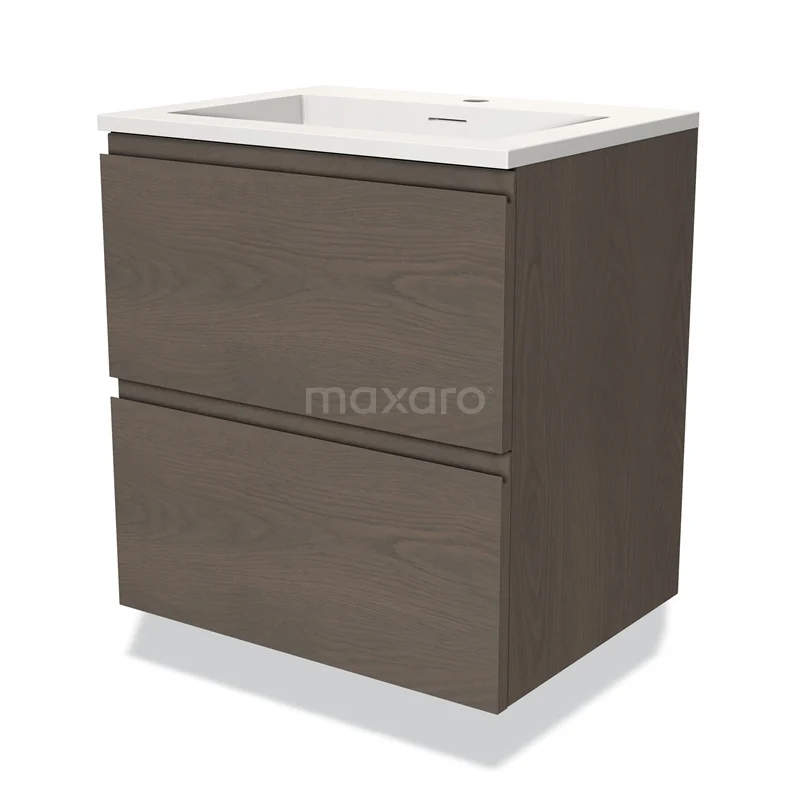 Badmöbel 60cm Modulo dunkelbraune Eiche 2 Schubladen Griffloses Waschbecken Solid Surface BMW17-03533 Holz Badezimmermöbel mit zwei Schubladen und einem weißen Waschbecken, modernes Design in Walnussfarbe für ein stilvolles Badezimmer.