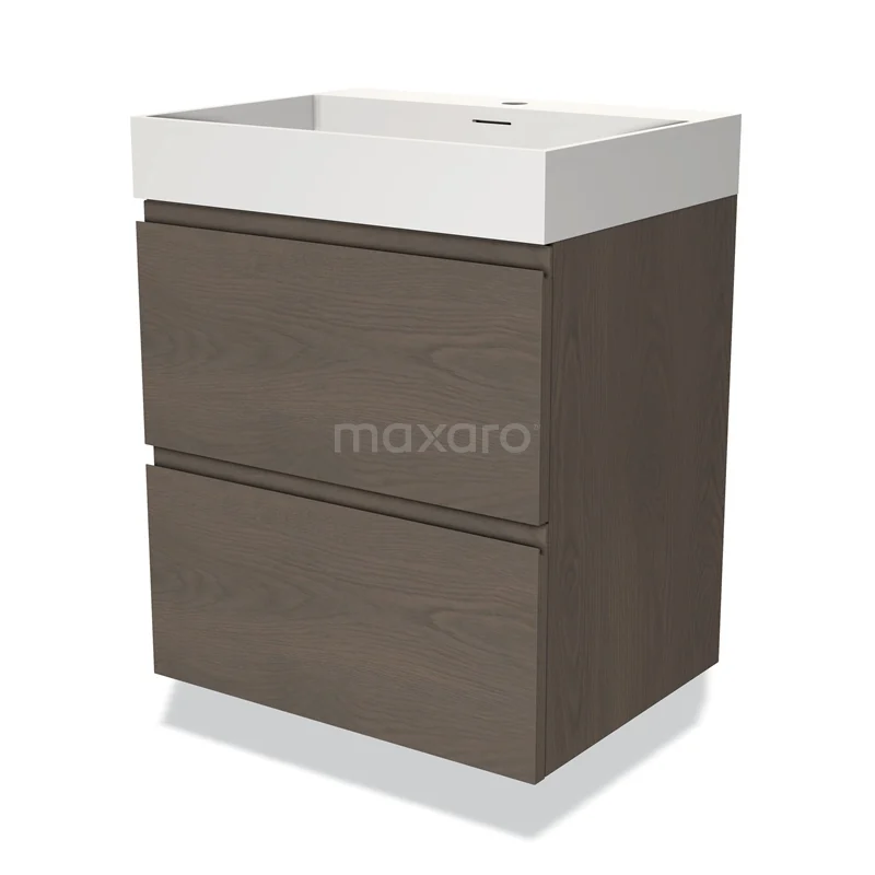 Badmöbel 60cm Modulo dunkelbraune Eiche 2 Schubladen Griffloses Waschbecken Solid Surface BMW17-03535 Badmöbel Walnuss mit Waschbecken, zwei Schubladen, modernes Design, ideal für kleine Bäder.