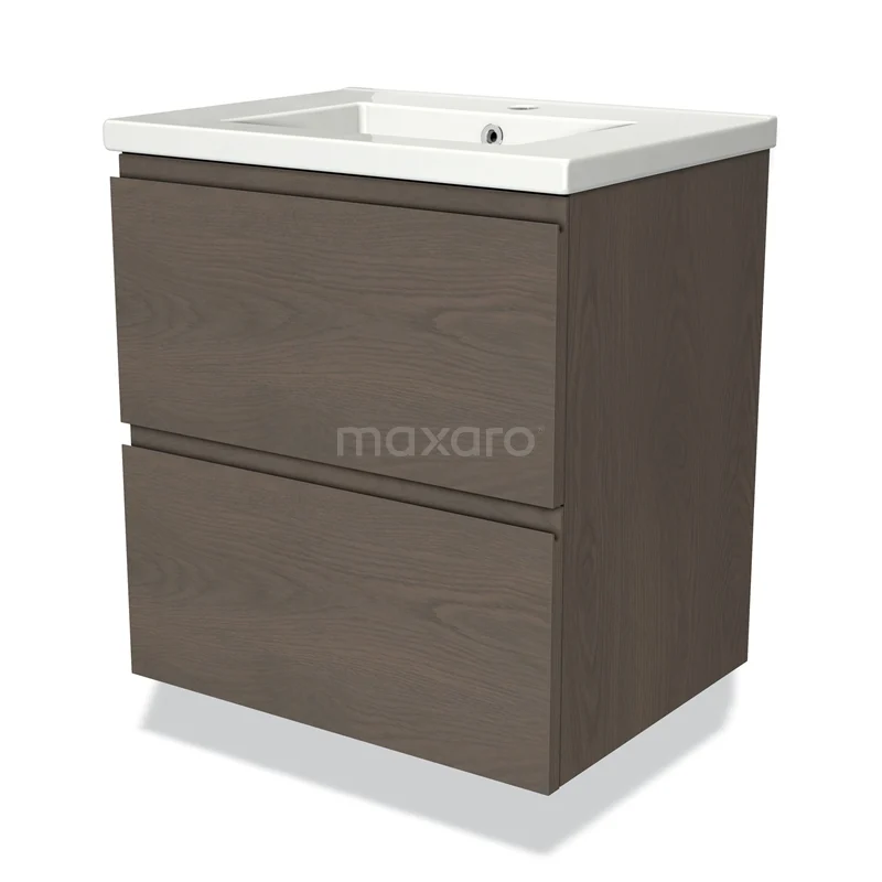 Modulo Vanity units with basin | 60 cm Dark brown oak Handle-less front Ceramic 2 Stacked drawers BMW17-03536