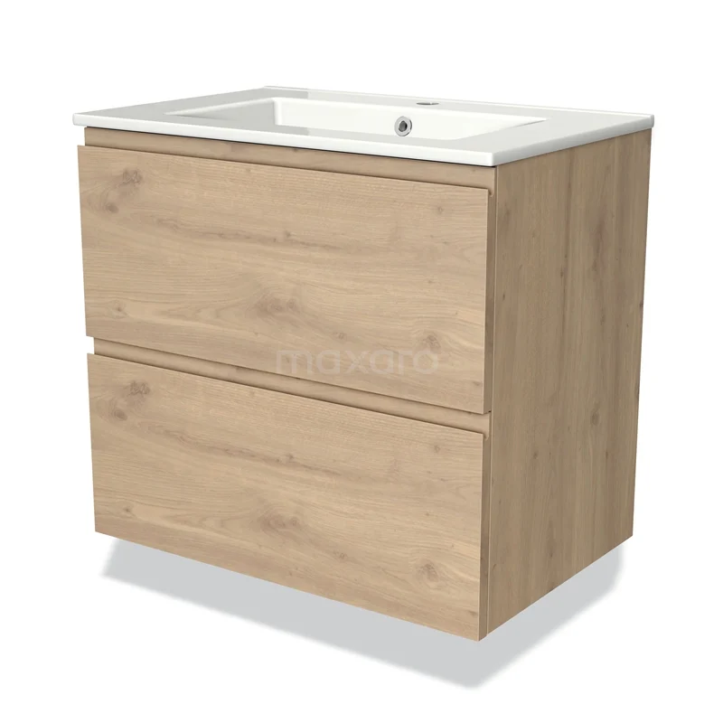 Modulo Waschtische | 70 cm Hellbraune Eiche Grifflos front Keramik 2 übereinanderliegende Schubladen BMW17-03544 Holz Badezimmermöbel mit zwei Schubladen, einem weißen Waschbecken und moderner Verarbeitung, ideal für Stauraum im Badezimmer.