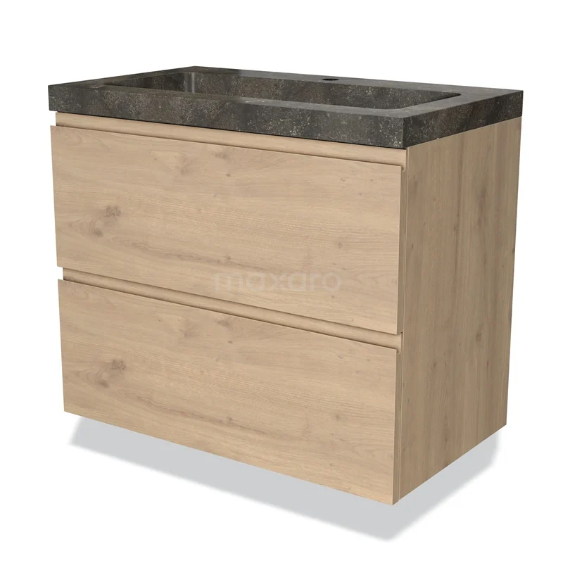 Houten badkamermeubel met twee lades en een donker steenachtig wastafelblad, modern design voor stijlvol badkamergebruik.