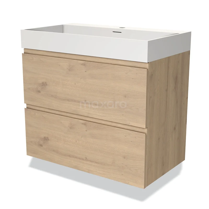 Houten badkamermeubel met witte wastafel, twee lades en strak design, ideaal voor moderne badkameropslag.