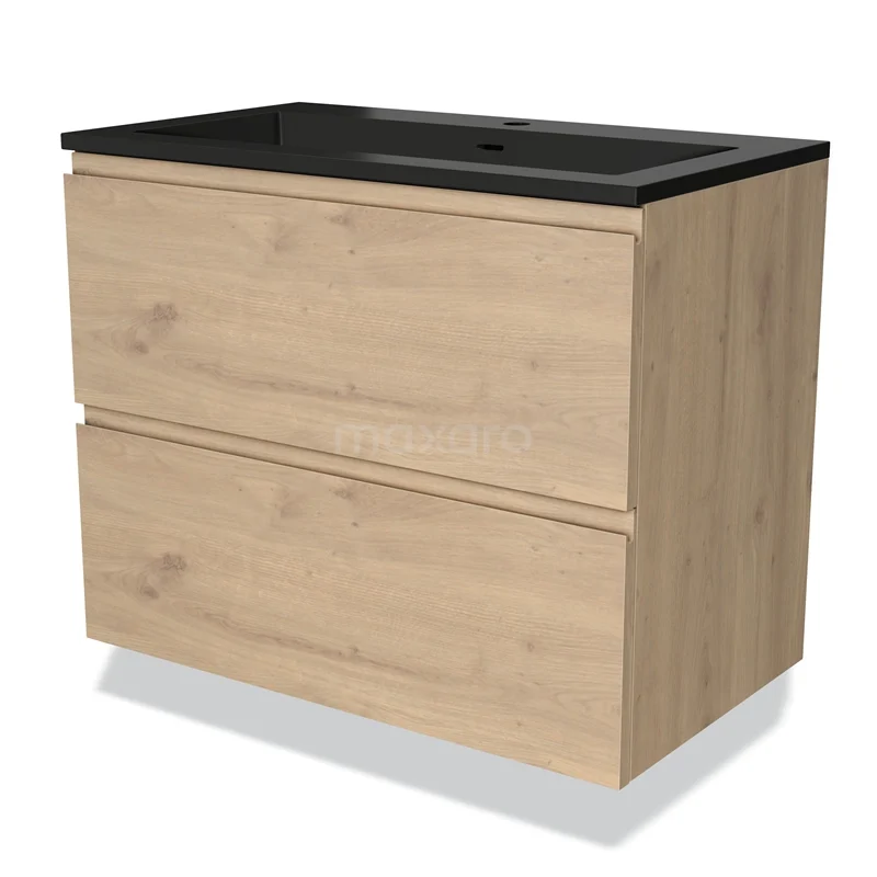 Houten badkamermeubel met twee lades en een zwart wastafelblad, modern design, ideaal voor opbergruimte in de badkamer.