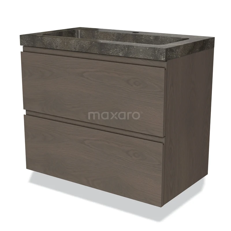 Houten badkamermeubel met donker marmerblad, tweeladensysteem en modern design, ideaal voor stijlvolle badkamerinrichting.