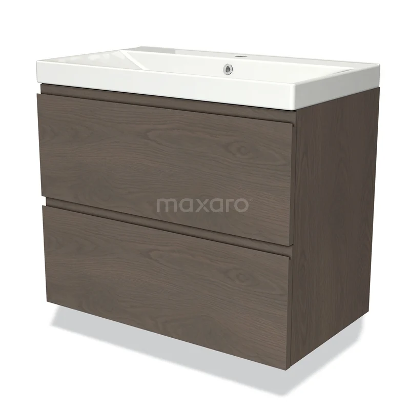 Modulo Vanity units with basin | 80 cm Dark brown oak Handle-less front Ceramic 2 Stacked drawers BMW17-03602