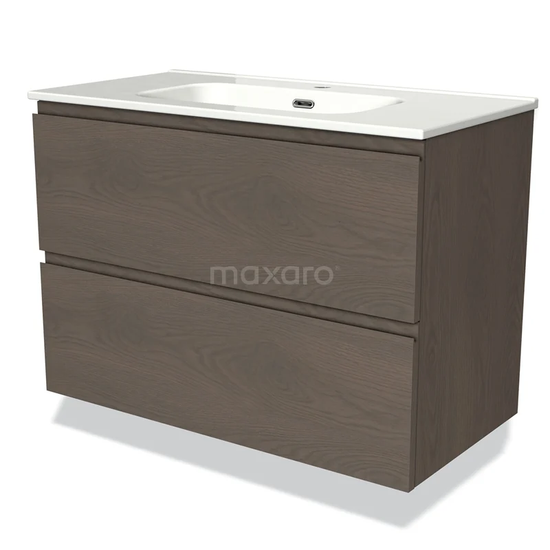 Modulo Vanity units with basin | 90 cm Dark brown oak Handle-less front Ceramic 2 Stacked drawers BMW17-03627