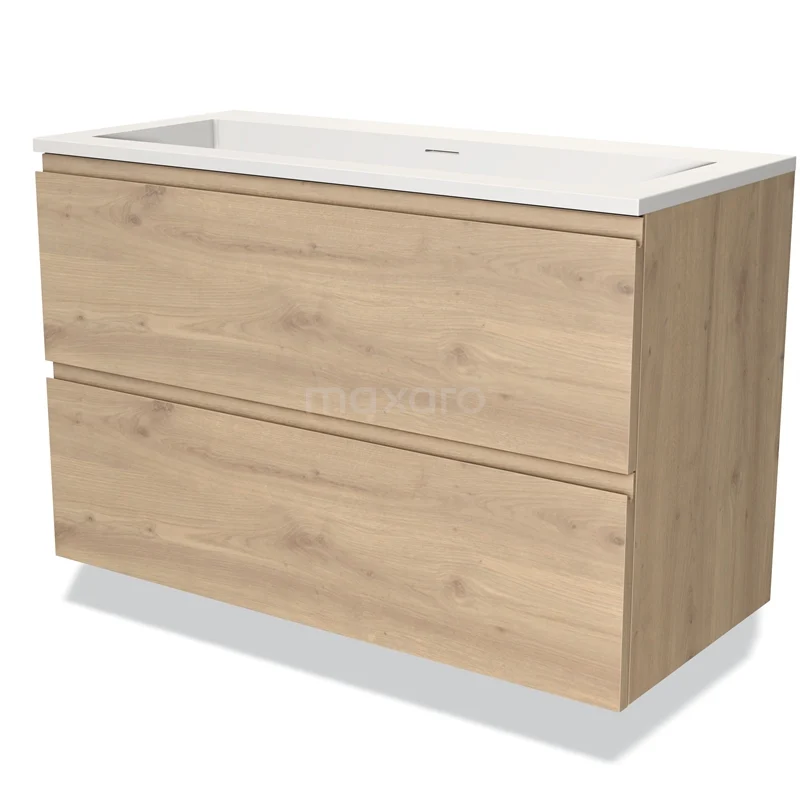 Badmöbel 100cm Modulo Hellbraune Eiche 2 Schubladen Griffloses Waschbecken Solid Surface BMW17-03636 Holz Badezimmermöbel mit 2 Schubladen, hell Eiche, modernes Design, einschließlich Waschbecken, ideal für ein stilvolles Badezimmer.