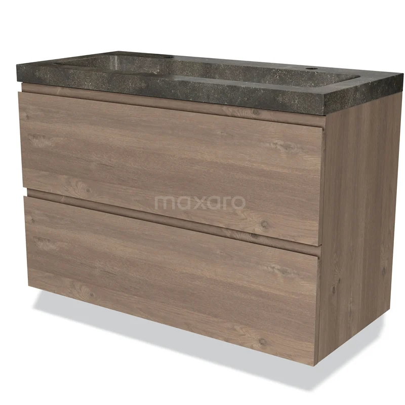 Badmöbel 100cm Modulo Mittelbraune Eiche 2 Schubladen Griffloses Waschbecken Naturstein Blau BMW17-03658 Hölzernes Badezimmermöbel mit Dunkelgrau hartstein Waschtischplatte, zweischubladiges Design in einem rustikalen Stil.