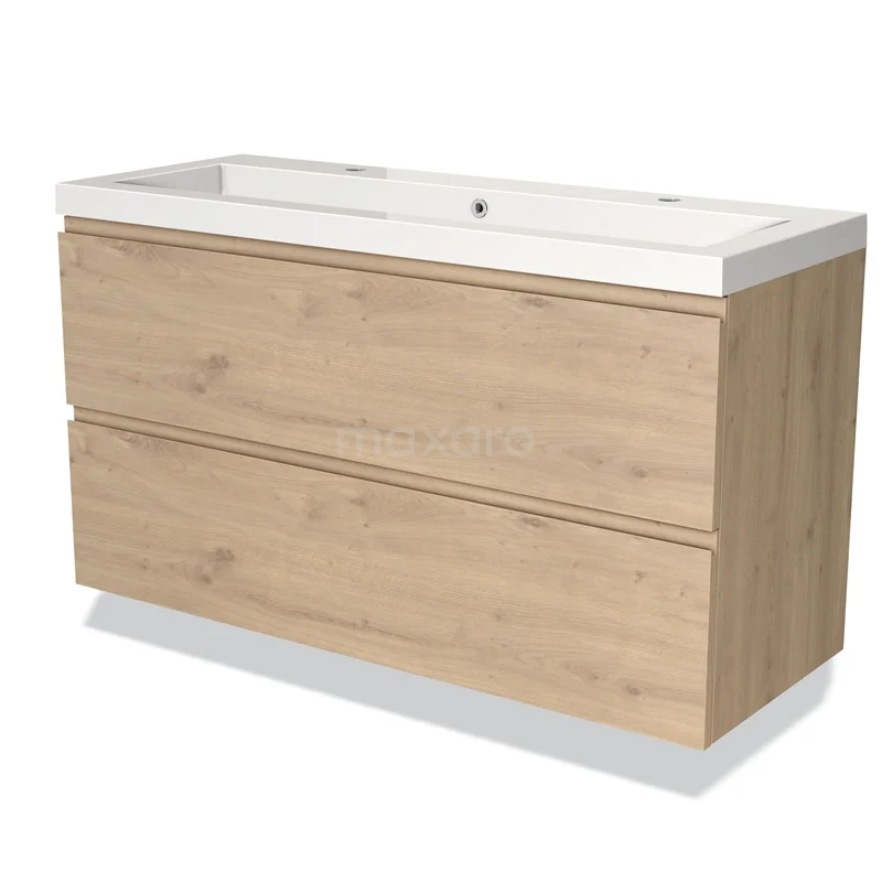 Modulo Bathroom furniture with sink | 120 cm Light brown oak Handle-less front Mineral marble 2 Stacked drawers BMW17-03689 Wooden bathroom unit with two drawers, oak look, white ceramic basin, sleek design, perfect for modern bathrooms.