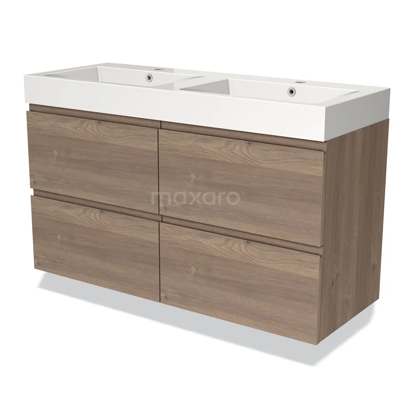 Houten badkamermeubel met dubbele witte wastafel, modern design en vier brede lades, ideaal voor een stijlvolle badkamer.