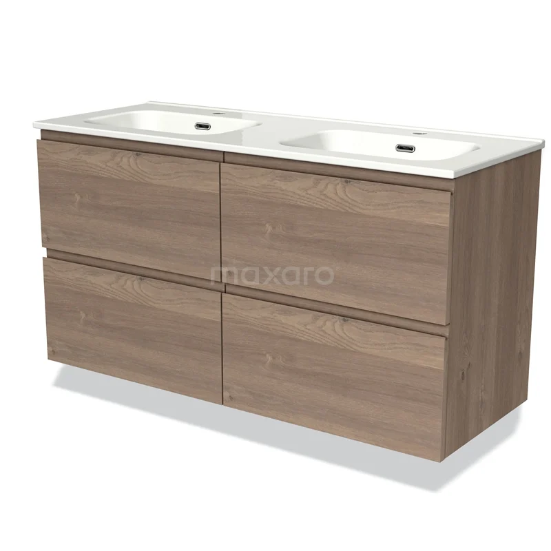 Modulo Vanity units with basin | 120 cm Mid brown oak Handle-less front Ceramic 4 drawers BMW18-00832