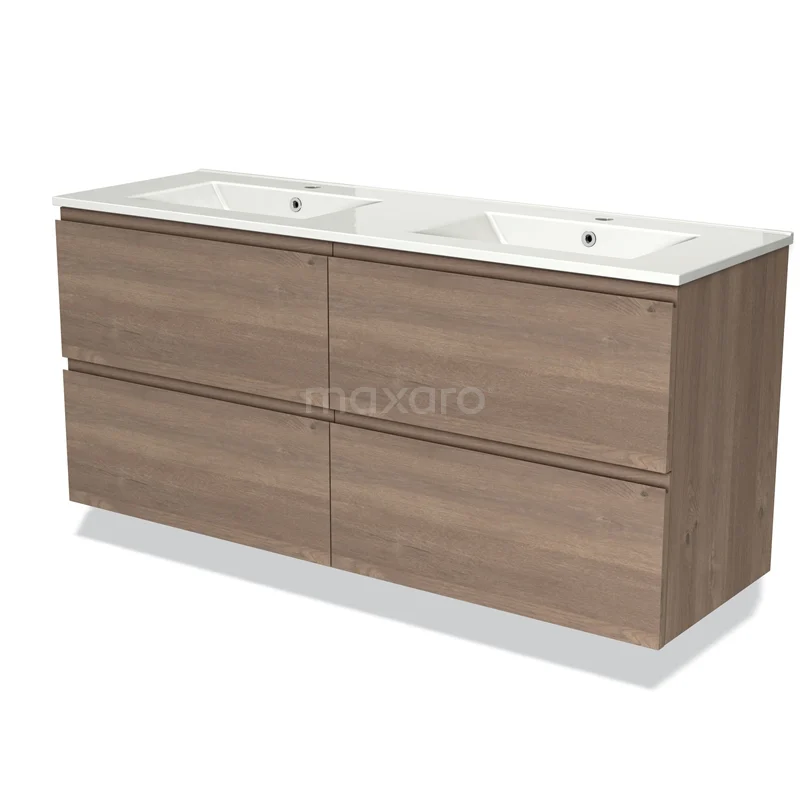 Houten badkamermeubel met dubbele wastafel, moderne afwerking en soft-close lades, ideaal voor praktische badkameropslag.